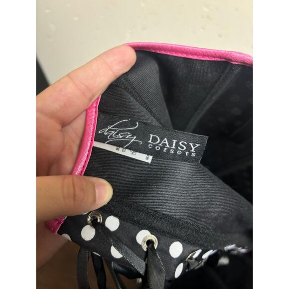 Daisy Corsets Black & White Polka Dot Halter Corset with Hot Pink Trim Large - Picture 4 of 5